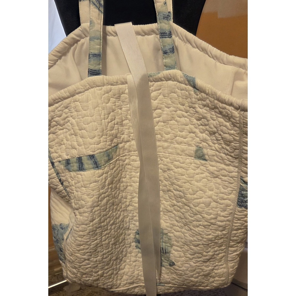 VTG Quilted Cotton Canvas Oversized Beach Tote Bag Cream Blue Tropical Print